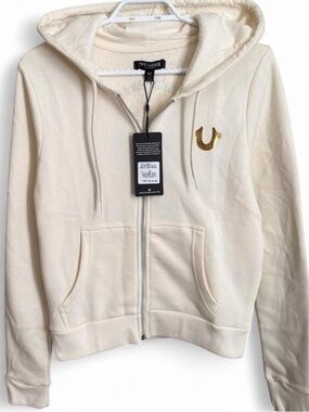 True Religion cream zip up hoodie with gold logo Size XS